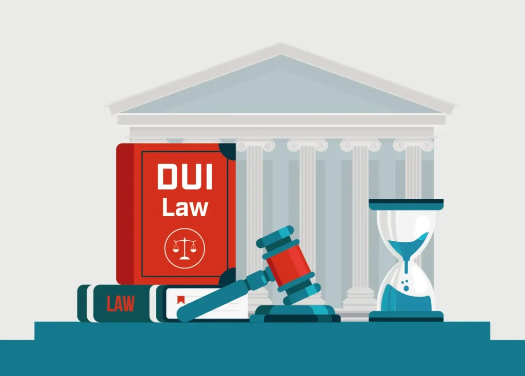 Custom graphic of book listing DUI laws, a gavel, and a hourglass in front of a court.