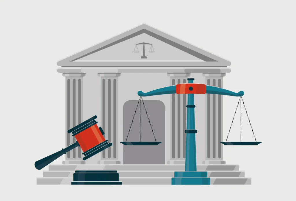 Custom graphic of a courthouse with a gavel and scales.